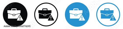 Business briefcase icon with an exclamation warning sign. Represents portfolio risk, job alerts, work errors, or urgent professional notifications. Clean flat design in black and blue variations.