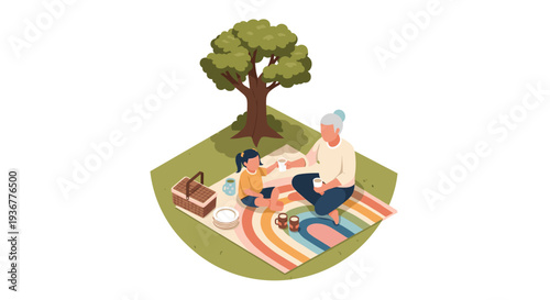 An elderly woman and a young girl are sitting on a rainbow blanket having a picnic under a large green tree.