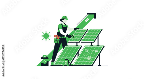 A worker in a green uniform and hard hat is adjusting a solar panel, part of a larger array, with a toolbox nearby.