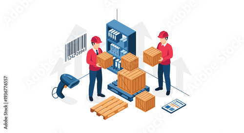 Two male warehouse workers in red hard hats are moving cardboard boxes on a blue pallet in a minimalist white warehouse setting.