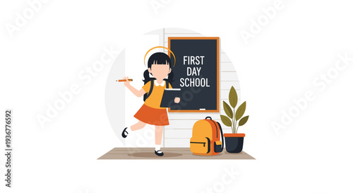 A cheerful young girl with a backpack is skipping towards a blackboard on her first day of school.