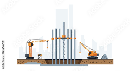 A construction site with a large drilling rig and two yellow cranes is driving grey piles into the ground.
