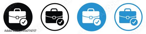 Professional briefcase icon with a checkmark symbol. Illustrates successful job completion, approved applications, verified work, or finished business tasks. Modern outline and solid styles.