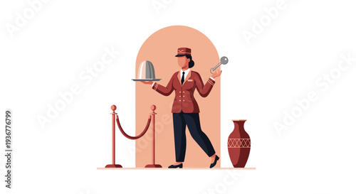 A female hotel bellhop in a red uniform is holding a cloche and a key near a velvet rope barrier.