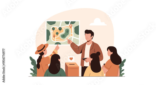 A male presenter points at a park map to a group of four people gathered around a donation box.