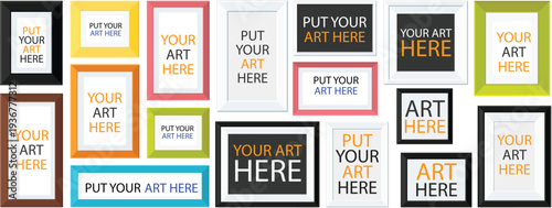 Colorful Modern Picture Frames Collection, Realistic Photo Frame Mockup Set with Blank Canvas for Art Display, Gallery Wall Design Elements on White Background