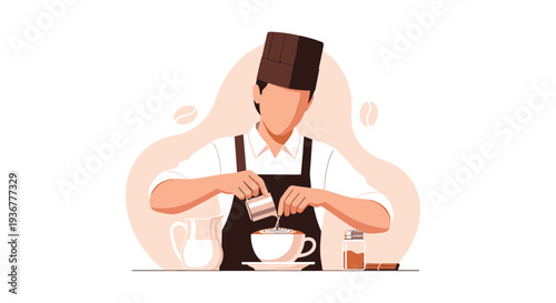 A barista wearing a dark apron and tall brown hat pours milk into a white coffee cup on a light surface.