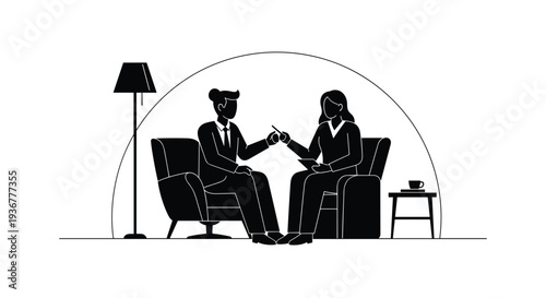 A man and a woman sit in armchairs facing each other, conversing in a black and white setting.