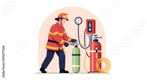 A firefighter in a red uniform and helmet adjusts a valve on a green gas cylinder, with a red cylinder, gauge, and coiled hoses nearby.