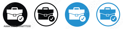 Professional briefcase icon with a checkmark symbol. Illustrates successful job completion, approved applications, verified work, or finished business tasks. Modern outline and solid styles.