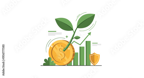 A golden dollar coin with a sprouting green plant sits before ascending bar graphs and a shield icon, illustrating financial growth.