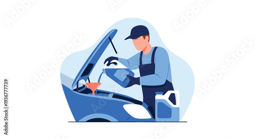 A male mechanic in blue overalls and a cap is pouring oil into a car engine through a funnel with the hood open.