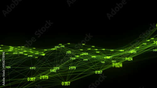 Block chain technology concept. Big data visualization. Artificial intelligence. Green network connection structure. Abstract digital background with matrix. 3d rendering.