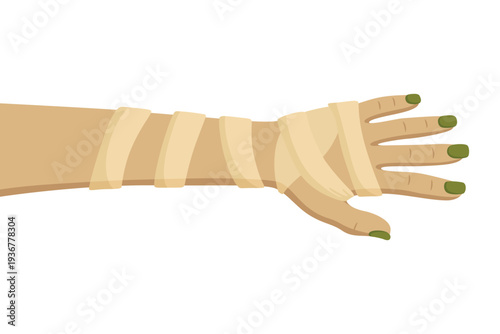Vector Mummy Hand Wrapped in Bandages. Spooky Halloween Zombie Arm Reaching Forward. Creepy Undead Monster Hand Illustration for Horror Party Decoration, Isolated