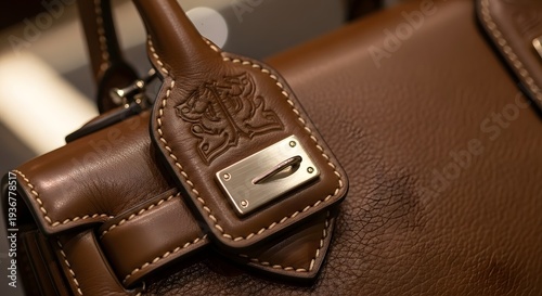 Close-up view of a luxurious brown leather handbag with intricate stitching and metallic hardware on a blurred background