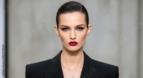 A confident businesswoman stands in a professional setting wearing a black blazer and red lipstick