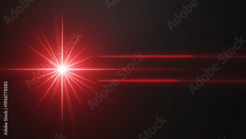 A sharp red point of light flares at center, sending two parallel horizontal beams across the darkness as crisp star‑shaped diffraction rays radiate outward in a focused pattern.
