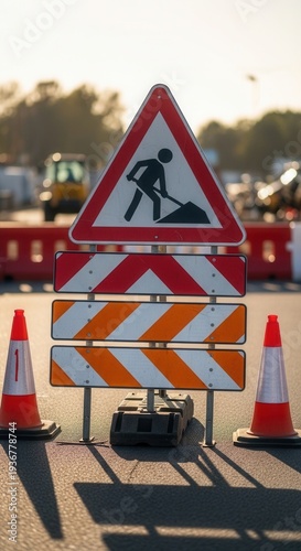 Construction Zone Signage Displaying Hazard Alert Symbols and Traffic Management Equipment