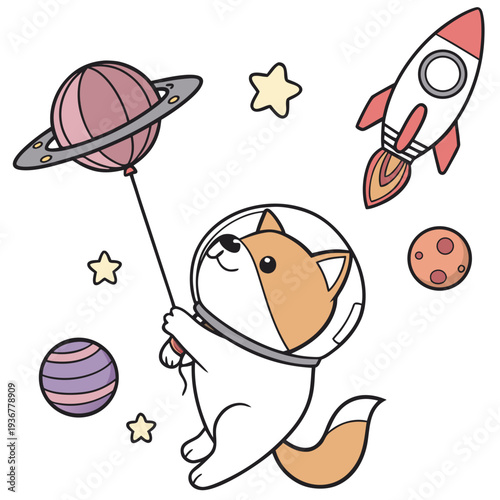 Charming SVG of a Bashful Akita featuring with a balloon, styled in a Space explorer theme with Cosmic Pastels hues