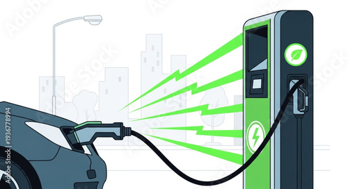 Electric Vehicle Charging Station with Charging Plug.