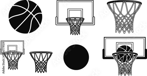 Basketball equipment icon set with balls and hoops, sports court game symbols, athletic competition, cad drawing flat vector illustration design.
