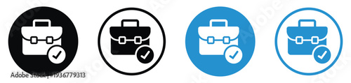 Professional briefcase icon with a checkmark symbol. Illustrates successful job completion, approved applications, verified work, or finished business tasks. Modern outline and solid styles.