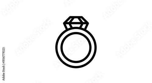 Simple black and white illustration of an engagement ring with a diamond.
