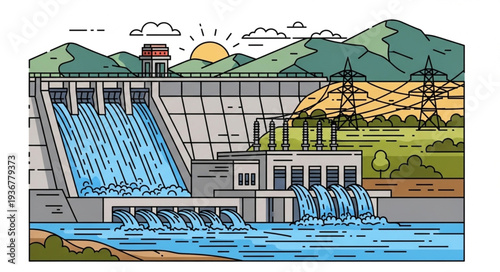 Hydroelectric Dam with Water Flow and Power Lines.