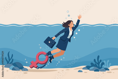 Businesswoman Chained to Female Gender Symbol Drowning in Deep Ocean, Concept of Gender Inequality, Workplace Discrimination, Social Injustice, and Professional Barriers for Women in Business