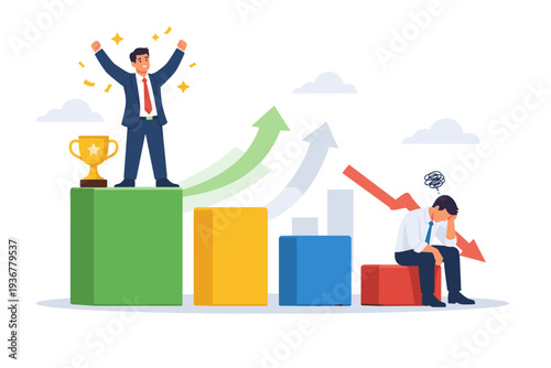 Business competition performance comparison chart between successful winner employee on rising green bar with trophy and sad loser on falling red bar with downward arrow for profit and loss.