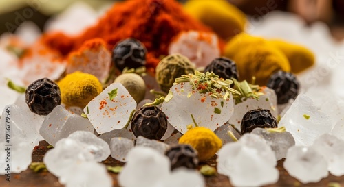 Spices and berries displayed on ice cubes on a wooden table, viewed from a close-up perspective.