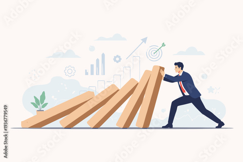 Resilient businessman stopping falling dominoes to prevent crisis, representing financial stability, risk management, endurance, and overcoming challenges in a competitive corporate environment.