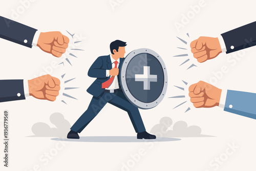 Businessman Holding Shield Defending Against Giant Fists Representing Business Competition Corporate Resilience Survival Insurance Protection Risk Management Overcoming Adversity and Market Challenges