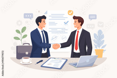 Successful business partnership and collaboration concept with two executives shaking hands over a signed contract agreement, laptop, and office supplies in a professional flat vector design.