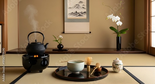 Serene traditional Japanese tea ceremony setup in a tranquil tatami room with a steaming kettle and delicate tea accessories.