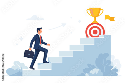 Businessman climbing stairs to reach a target and golden trophy, representing career growth, success, achievement, and goal setting in a flat vector illustration for business motivation.