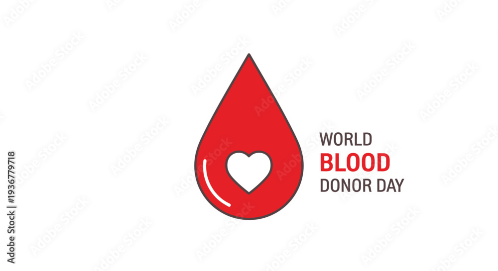 Fototapeta premium World Blood Donor Day red drop icon with heart symbolizing donation and charity.