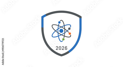 Atomic structure logo emblem with shield and year 2026.