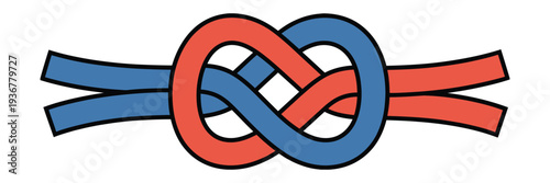Red and Blue Rope Tied in Symmetrical Carrick Bend Knot Vector Illustration