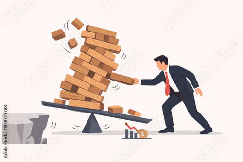 Businessman Pulling Block from Unstable Tower on Seesaw over Cliff Representing Investment Risk, Financial Failure, Greedy Decision, Business Strategy Mistake, and Economic Crisis Concept