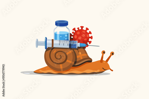 Slow COVID-19 Vaccine Rollout in Developing Countries Concept with Snail Carrying Syringe, Vial, and Coronavirus Molecule Representing Delay in Global Vaccination Progress and Logistics Challenges