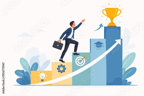 Professional businessman climbing a bar chart ladder to reach a golden trophy, symbolizing career growth, skill development, leadership, education, goal achievement, and professional success.