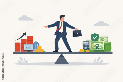 Businessman Balancing on Seesaw Between Stocks and Bonds for Investment Asset Allocation, Risk Assessment, Portfolio Diversification, Financial Planning, and Expected Return in the Long Term