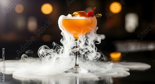 A vibrant orange cocktail with dry ice smoke, chili garnish, and fruit, served in a martini glass on a reflective bar top in a dimly lit lounge