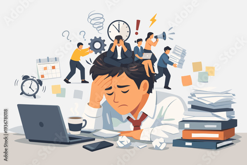 Overwhelmed Businessman Suffering from Work Stress and Burnout, Exhausted Employee Facing Deadline Pressure, Anxiety, and Mental Health Issues due to Overload and Multitasking in Office Setting.