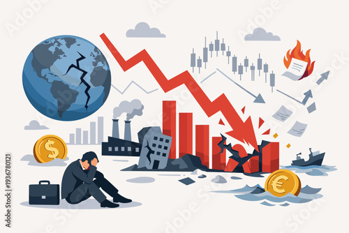 Global Economic Recession and Market Collapse Concept with Cracked Earth, Sinking Currency, and Falling Stock Charts. Depressed Businessman Facing Financial Crisis and Business Bankruptcy Risk.