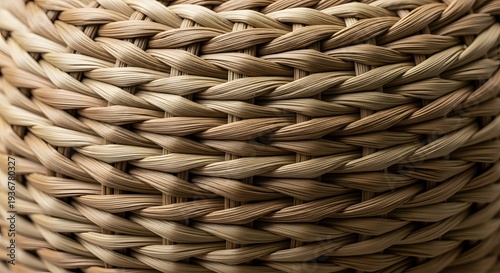 Close-up view of a wicker basket showcasing intricate weaving pattern and texture of woven straw material