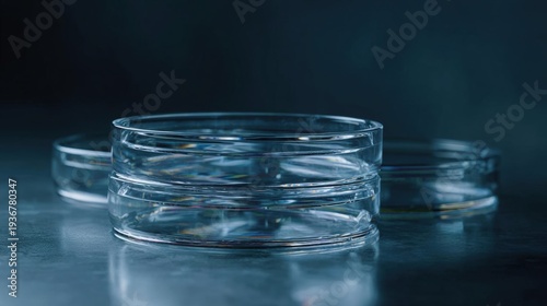 Three petri dishes stacked on top of each other on a dark grey surface. the dishes are made of clear glass and have a round shape with a flat base.