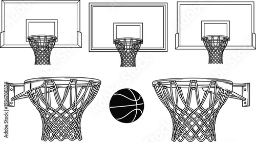 Basketball hoop and backboard set, sports equipment vector collection, cad drawing flat vector illustration, ball and net isolated on white