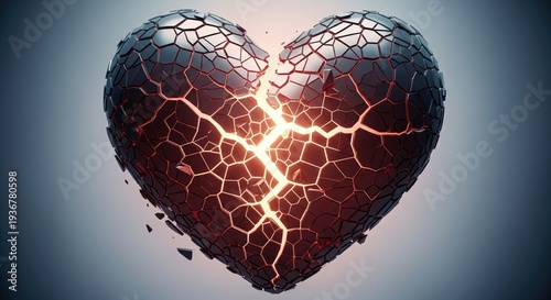 A powerful visual of a dark, fractured heart, glowing with fiery cracks, symbolizing emotional pain, resilience, and the intense internal struggle of love's trials and tribulations